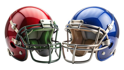 Fototapeta premium Two American Football Helmets Facing Each Other Red and Blue Glossy Finish Isolated on White Background A I G E N E R A T E D - P N G isolated on a transparent background