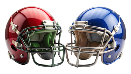 Two American Football Helmets Facing Each Other Red and Blue Glossy Finish Isolated on White Background A I G E N E R A T E D - P N G isolated on a transparent background