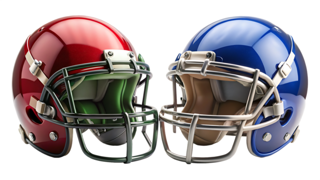 Two American Football Helmets Facing Each Other Red and Blue Glossy Finish Isolated on White Background A I G E N E R A T E D - P N G isolated on a transparent background