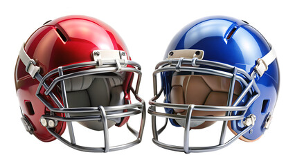 Fototapeta premium Two American Football Helmets Facing Each Other Red and Blue Glossy Finish Silver Facemask Closeup View A I G E N E R A T E D - P N G isolated on a transparent background