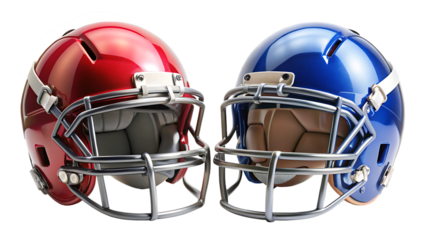Two American Football Helmets Facing Each Other Red and Blue Glossy Finish Silver Facemask Closeup View A I G E N E R A T E D - P N G isolated on a transparent background