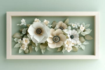 Decorative floral arrangement in a framed display.