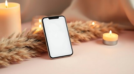 A smartphone with a blank white screen rests on a pink surface near pampas grass and candles