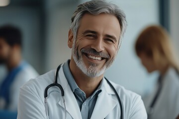 Portrait of smiling doctor wearing white coat and stethoscope in hospital