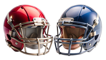 Two American Football Helmets Facing Each Other Red and Navy Blue Glossy Finish Gold Facemasks A I G E N E R A T E D - P N G isolated on a transparent background