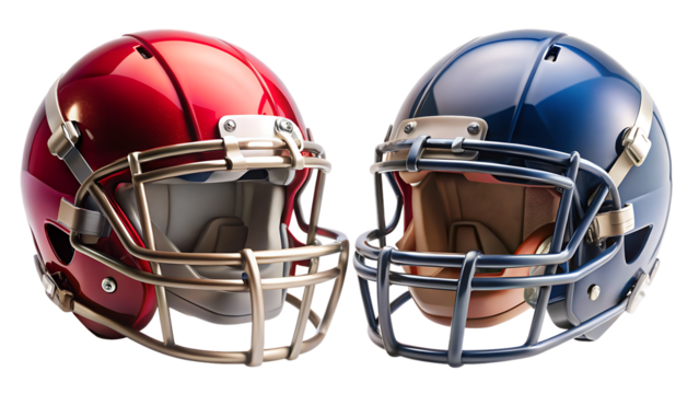 Two American Football Helmets Facing Each Other Red and Navy Blue Glossy Finish Gold Facemasks A I G E N E R A T E D - P N G isolated on a transparent background