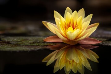 Yellow Water Lily Floating on Dark Water