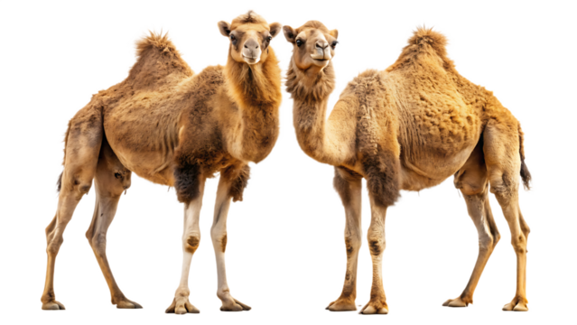 Two Brown Bactrian Camels Standing Sideby Side Isolated Against a Pure White Background A I G E N E R A T E D - P N G isolated on a transparent background