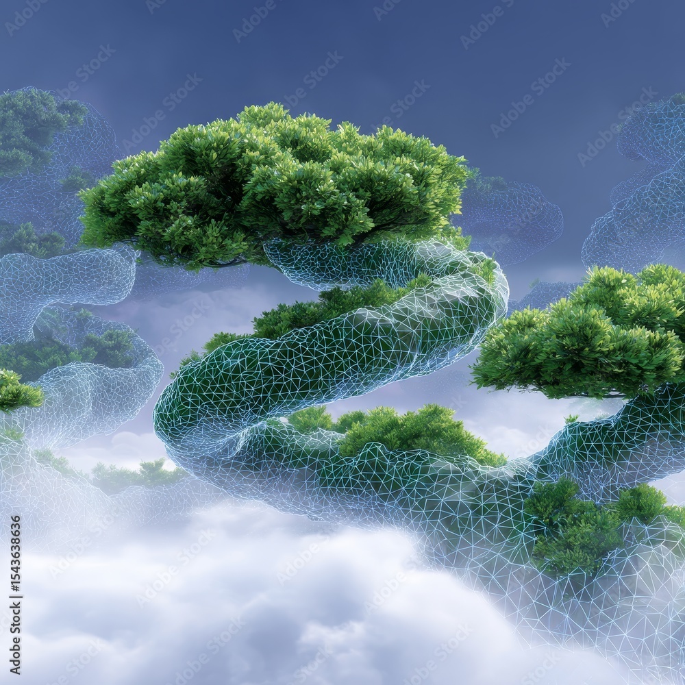 Poster digital forest with glowing ai structures surreal environment futuristic landscape atmospheric viewp