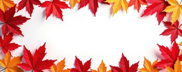 Vibrant red & gold maple leaves border, white backdrop, dry, yellow