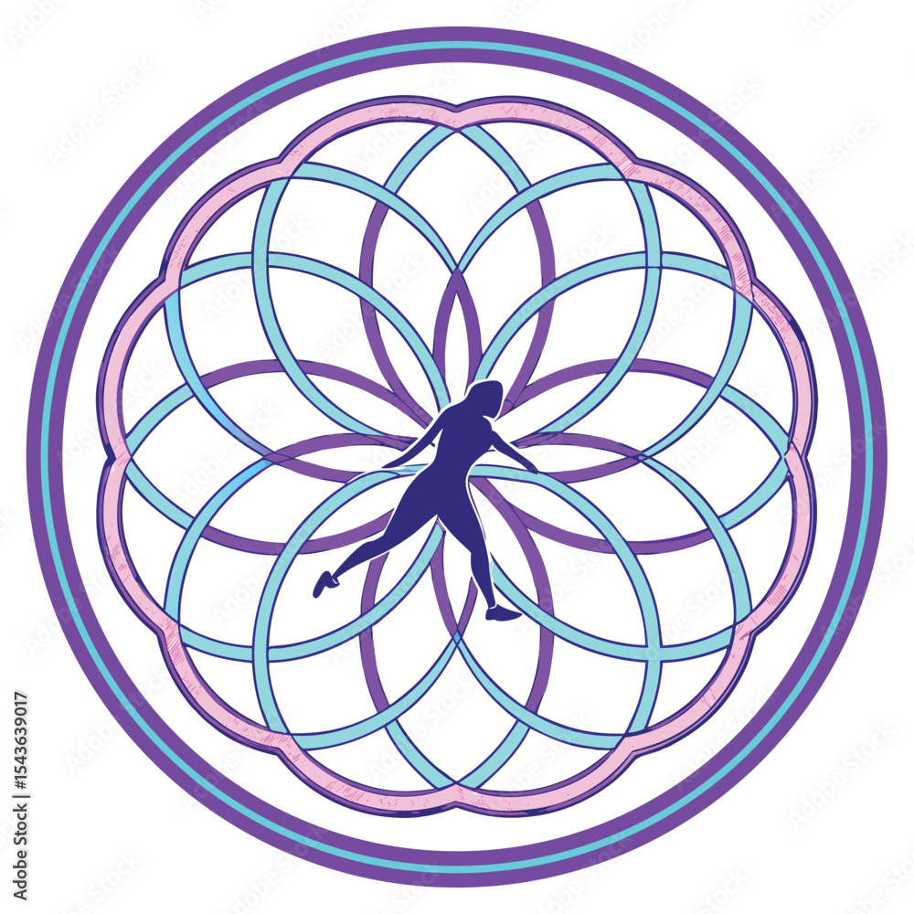 Poster abstract vector illustration of a round fan or atom symbol on a patterned technology background, per