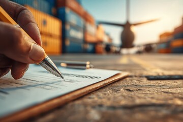 aviation business logistics global network. Hand signing a document with an airplane and shipping containers in the background.