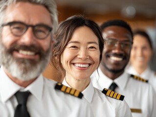 aviation business logistics global network. Group of smiling pilots in uniform, showcasing teamwork and professionalism.