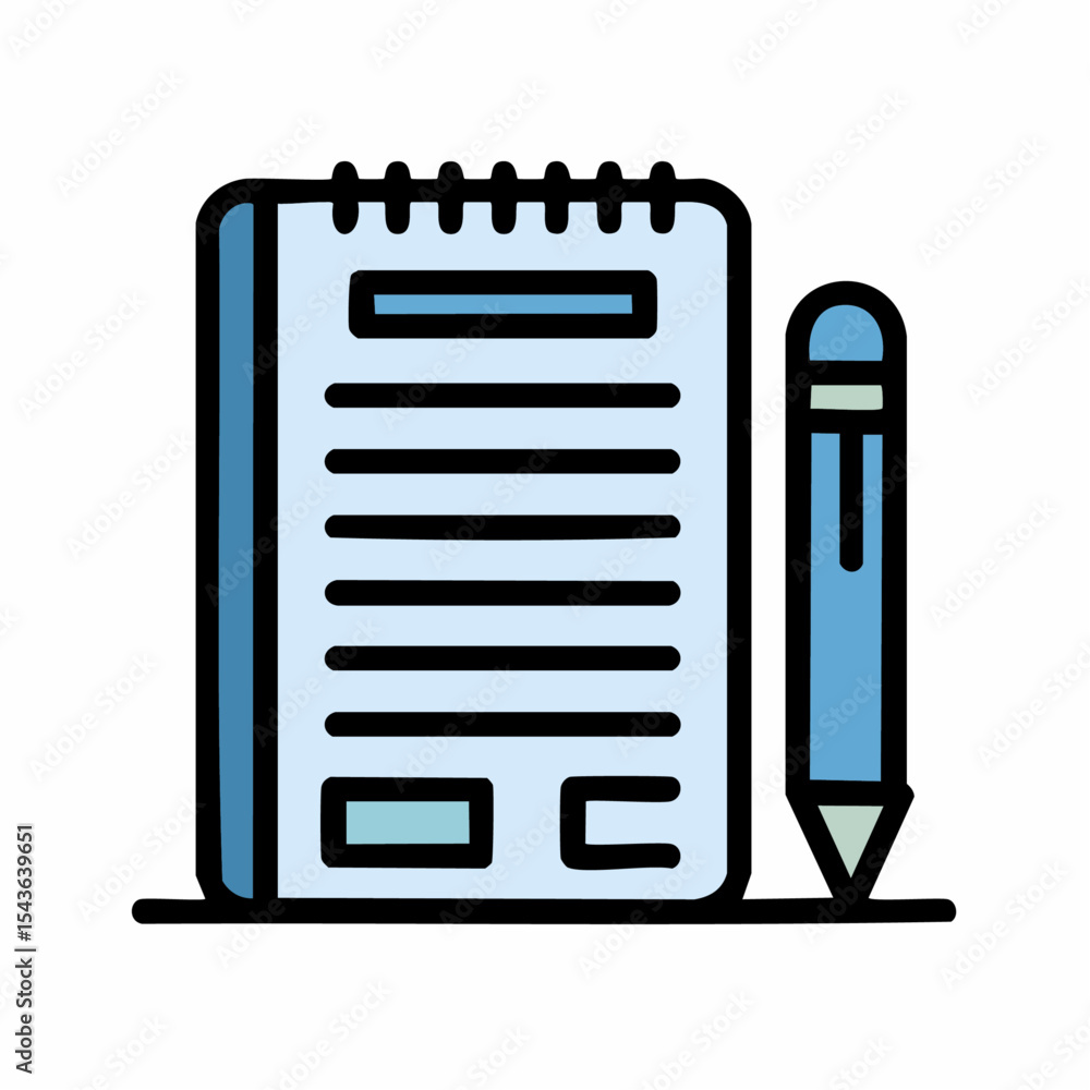Poster illustration of a notepad with lines and a pencil in a flat design style on white background