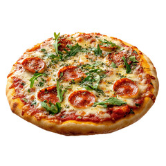 Floating italian pizza isolated on transparent background.