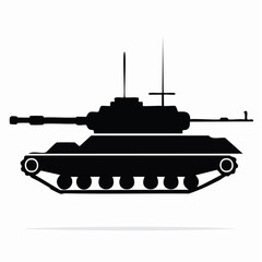 Fototapeta premium Silhouette illustration of a military tank isolated on a white background with shadow.