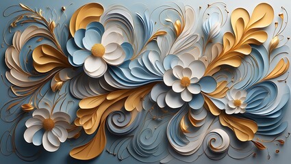Elegant Paper Flower Design Blue, Gold, and White Floral 3D Artwork