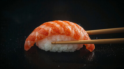 Chopsticks holding salmon nigiri sushi on black background