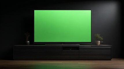 Television with green screen in living room scene showing on top of media console.
