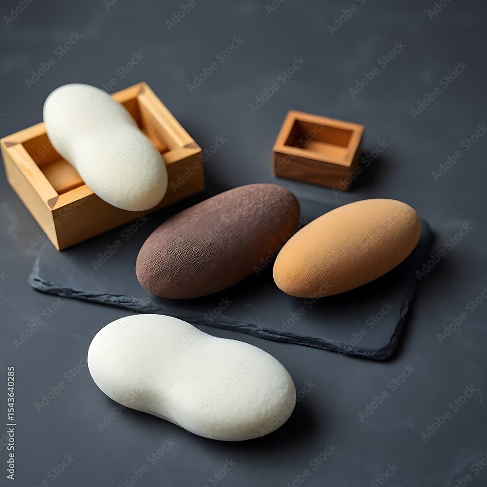 Poster smooth oval soaps in various colors rest in wooden boxes and on a dark slate surface