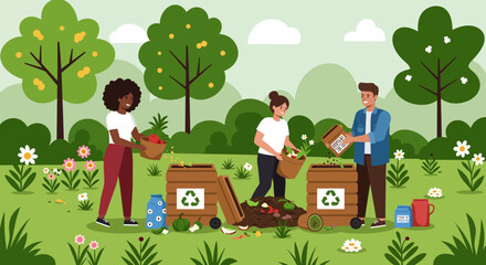 Volunteers composting organic waste in a lush garden, promoting environmental sustainability.
