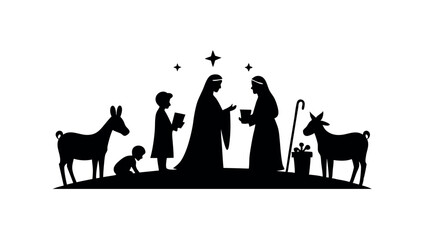 Christmas nativity scene silhouette with Mary, Joseph, baby Jesus, and animals, ideal for religious themes, holiday cards, and traditional Christian artwork.