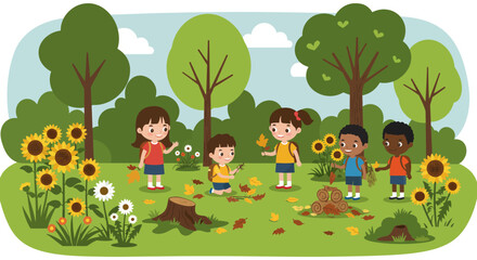 Children joyfully explore nature, collecting leaves and flowers in a vibrant park setting.