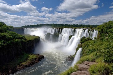Fototapeta premium Cascading waterfalls plunge into a river surrounded by lush green vegetation under a bright sky