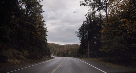 view of a curved road in a mountainous area with a wet surface and a forest on both side on an overcast day of fall