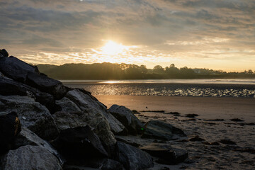 view from the shore with big rocks in the foreground with the sun rising in the sky in the morning