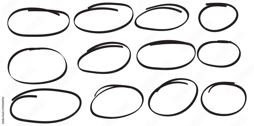 Poster hand drawn circle highlighter line sketch set. vector marker circular lines, doodle round circles fo