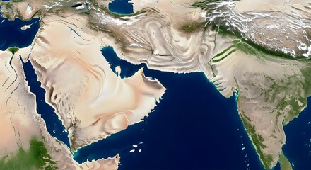 Satellite-style geographical image showing natural terrain, desert, and ocean near the Strait of Hormuz with realistic land and water colors, no text or labels