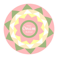 Colorful Pookkalam floral rangoli with Happy Onam Festival greeting. Traditional flower decoration made for Onam celebration in Kerala, India
