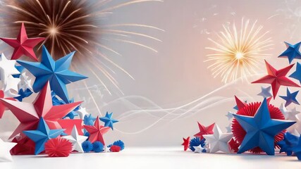 Red-white-blue star clusters moving in studio fireworks bursting flowing ribbon and sparks drifting - Powered by Adobe
