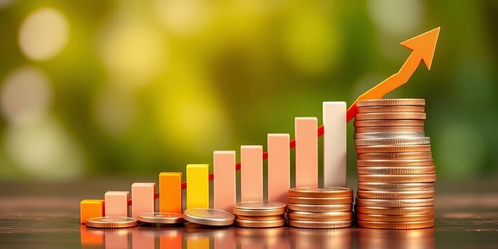 Upward trending bar graph illustrating Indian GDP growth, accompanied by a stack of coins,  chart,  economy