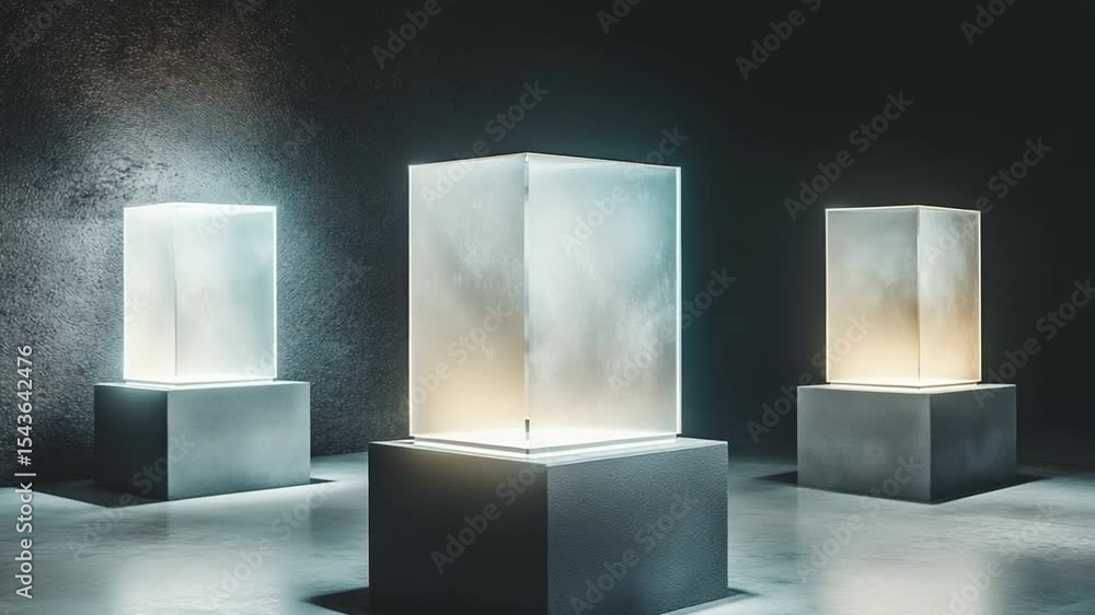 Fototapete illuminated cubes: three glowing cubes, each perched upon a pedestal, emit a soft light within a tex