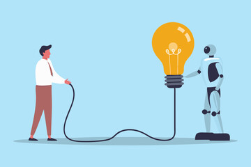 Human and Robot Collaboration for Innovation Connecting to a Bright Idea Represented by Light Bulb Business Concept of Partnership