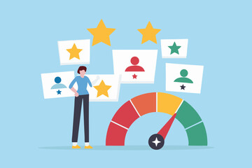 Customer Satisfaction and Feedback Illustration with Gauge and Reviews Representing Performance and Service Quality in a Business Setting