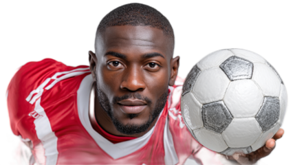 Soccer Player with Ball: A determined soccer player, intensely focused, holds a soccer ball close, ready for action. The image captures his strength, skill, and the raw energy of the sport.