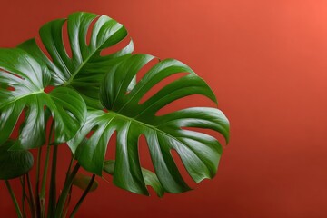 Closeup of a vibrant green Monstera plant against a rich red backdrop