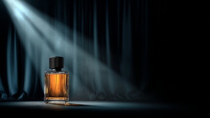 Elegant presentation of a perfume bottle on a stage illuminated by a spotlight.