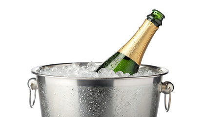 Champagne bottle in ice bucket, ready to celebrate on PNG background