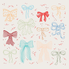 Outline retro gift bow knots set. Wedding, holiday, party birthday decoration, gift, present