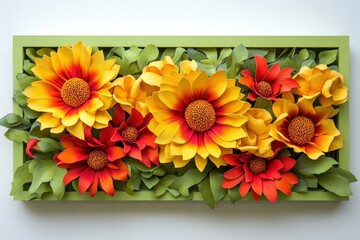 Colorful paper flowers in a framed arrangement.