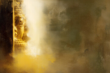 Fototapeta premium Artistic golden light painting of Jagannath deity with brush strokes and left space blank. 