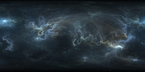 360 degree space nebula. Giant interstellar cloud with stars, equirectangular projection, environment map. Spherical panorama. 3D rendering, Fractal image