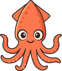 Cute cartoon squid character on white background. Vector illustration