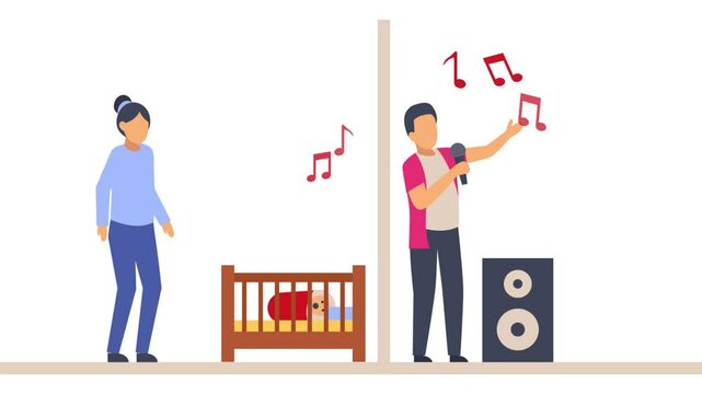 Noisy neighbour Singer Singing Song animation,  Baby Cant Sleep Due Loud Music animated video, neighbourhood conflicts Clip, bad neighbors motion graphics