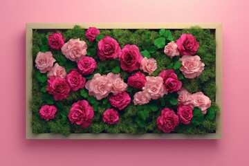 Framed floral arrangement of pink and red roses on moss.