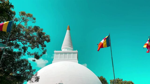 Scenic view of the Somawathiya stupa in Polonnaruwa, Sri Lanka, with vibrant Buddhist flags fluttering in the wind under a bright blue sky.